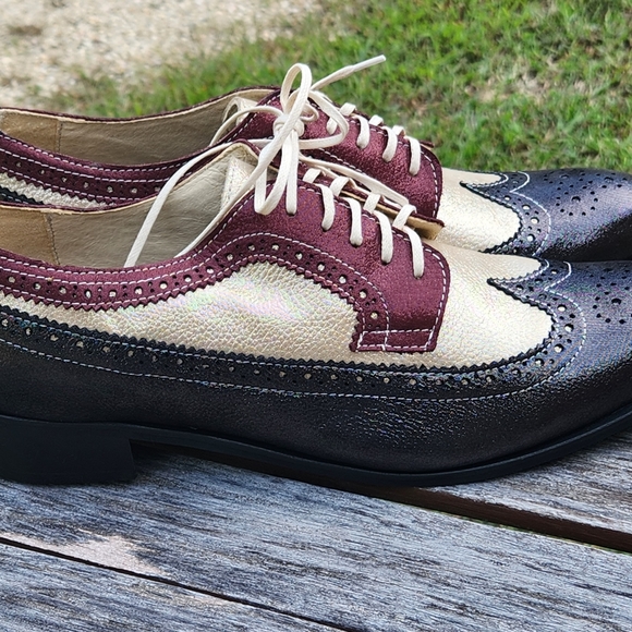 Girotti International Handmade Metallic Leather  Colorblock Oxford Shoes 43 - Picture 6 of 6